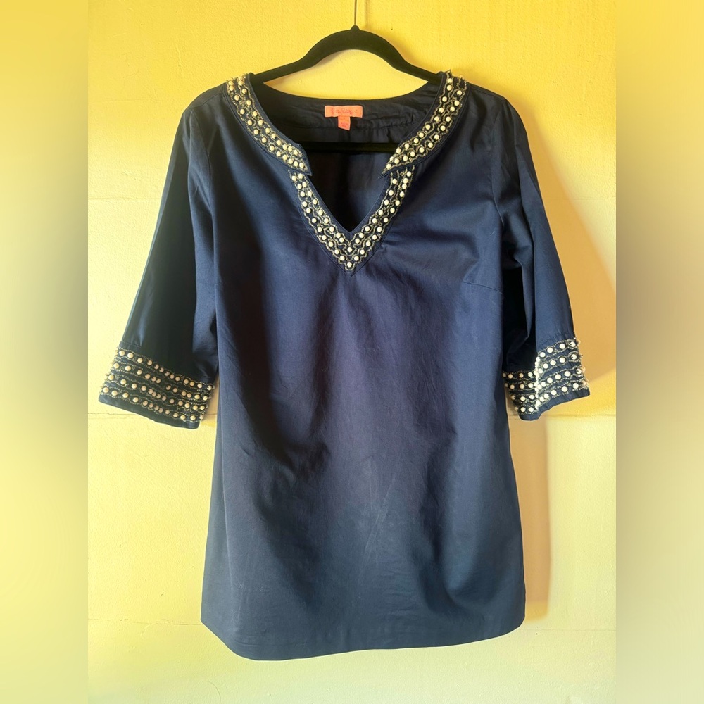 Lilly Pulitzer women’s M beaded navy tunic capsule wardrobe office cruis…